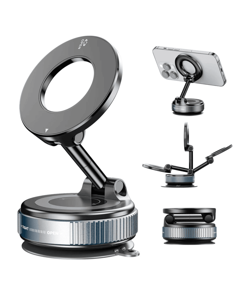 Magnetic Car Phone Holder – 360° Rotating Stand with Mechanical Vacuum Suction Cup