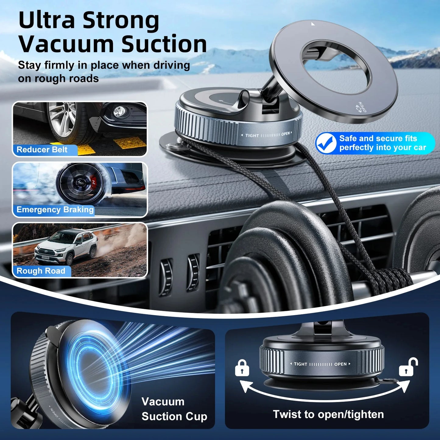 Magnetic Car Phone Holder – 360° Rotating Stand with Mechanical Vacuum Suction Cup