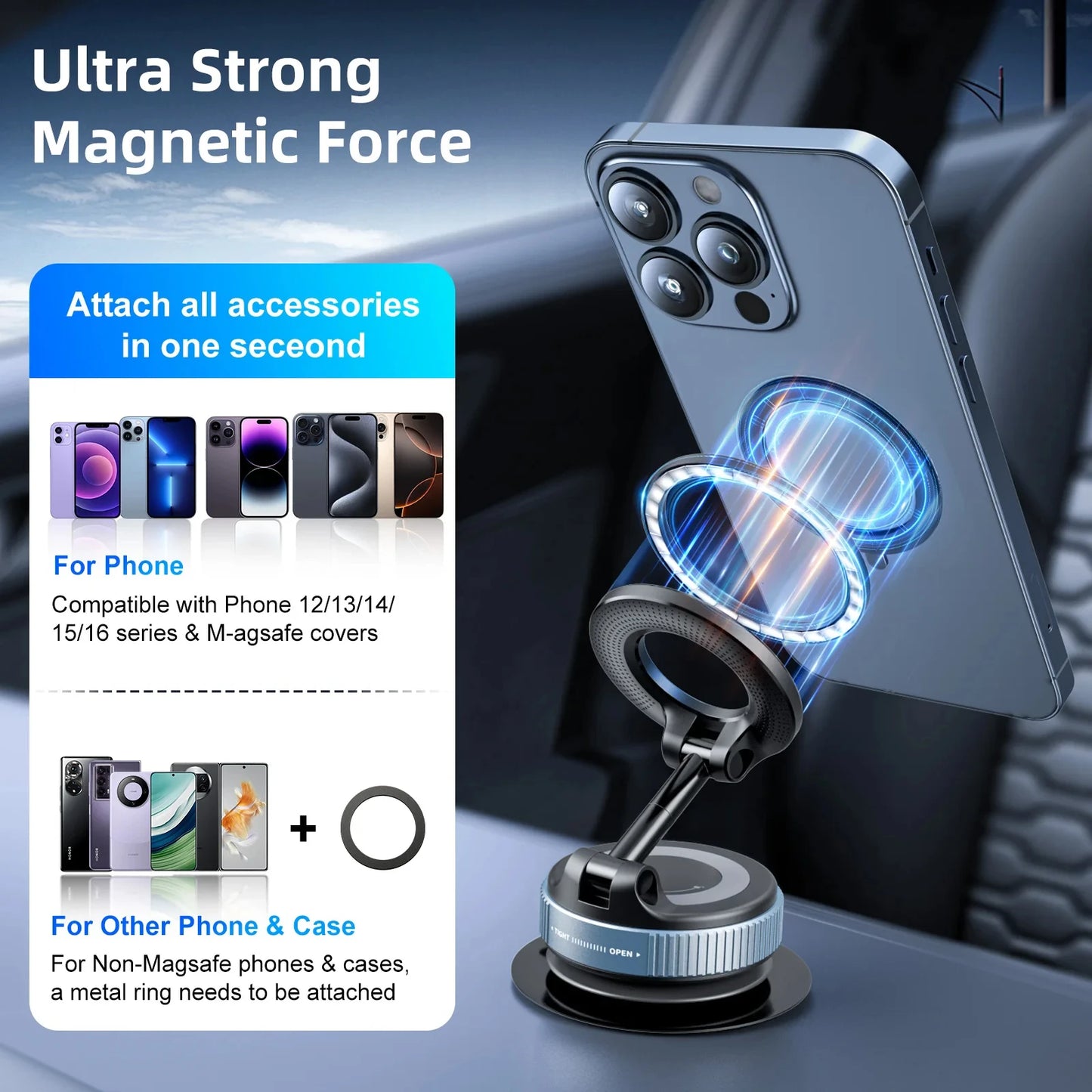 Magnetic Car Phone Holder – 360° Rotating Stand with Mechanical Vacuum Suction Cup