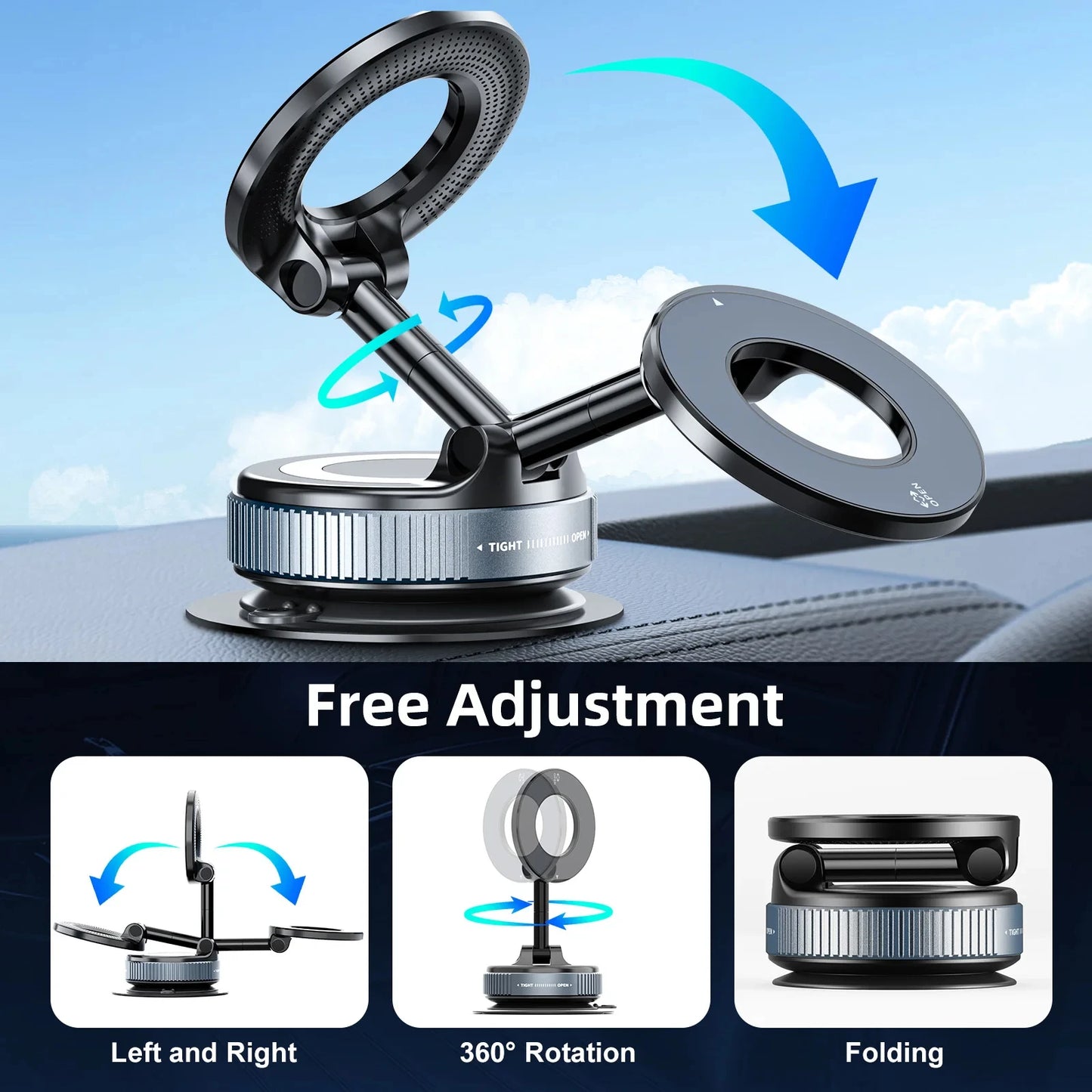 Magnetic Car Phone Holder – 360° Rotating Stand with Mechanical Vacuum Suction Cup