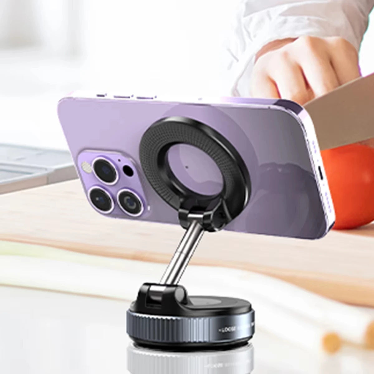 Magnetic Car Phone Holder – 360° Rotating Stand with Mechanical Vacuum Suction Cup