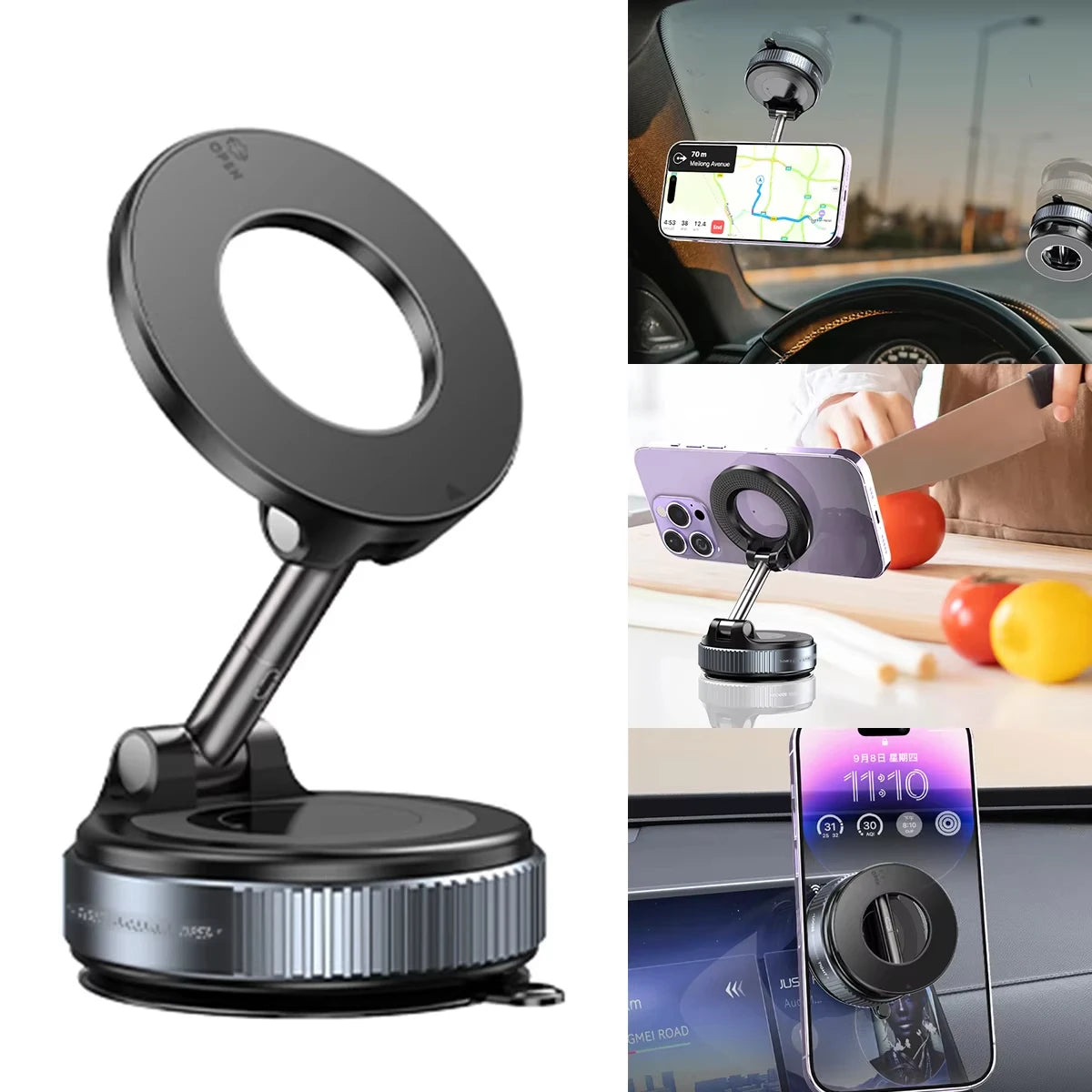 Magnetic Car Phone Holder – 360° Rotating Stand with Mechanical Vacuum Suction Cup