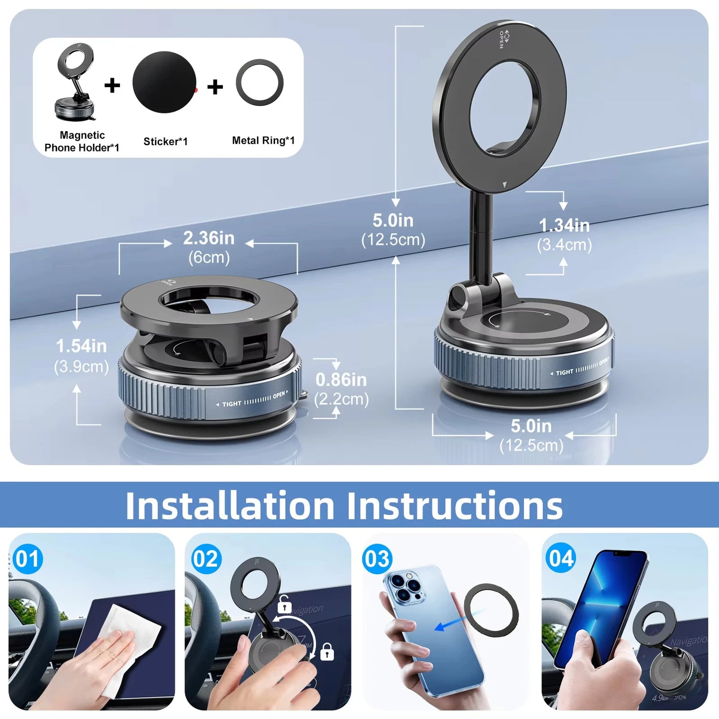 Magnetic Car Phone Holder – 360° Rotating Stand with Mechanical Vacuum Suction Cup